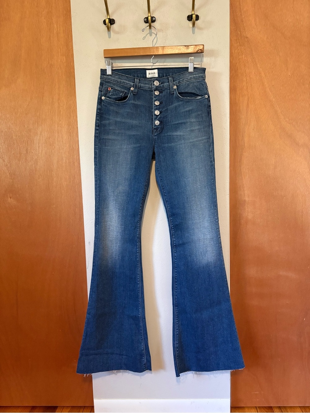 Hudson High-Rise Button-Fly Women's Flare Blue Jeans, size 28